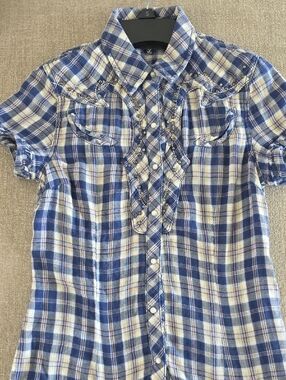 Miss Me Blue Plaid Snap-Front Western Shirt